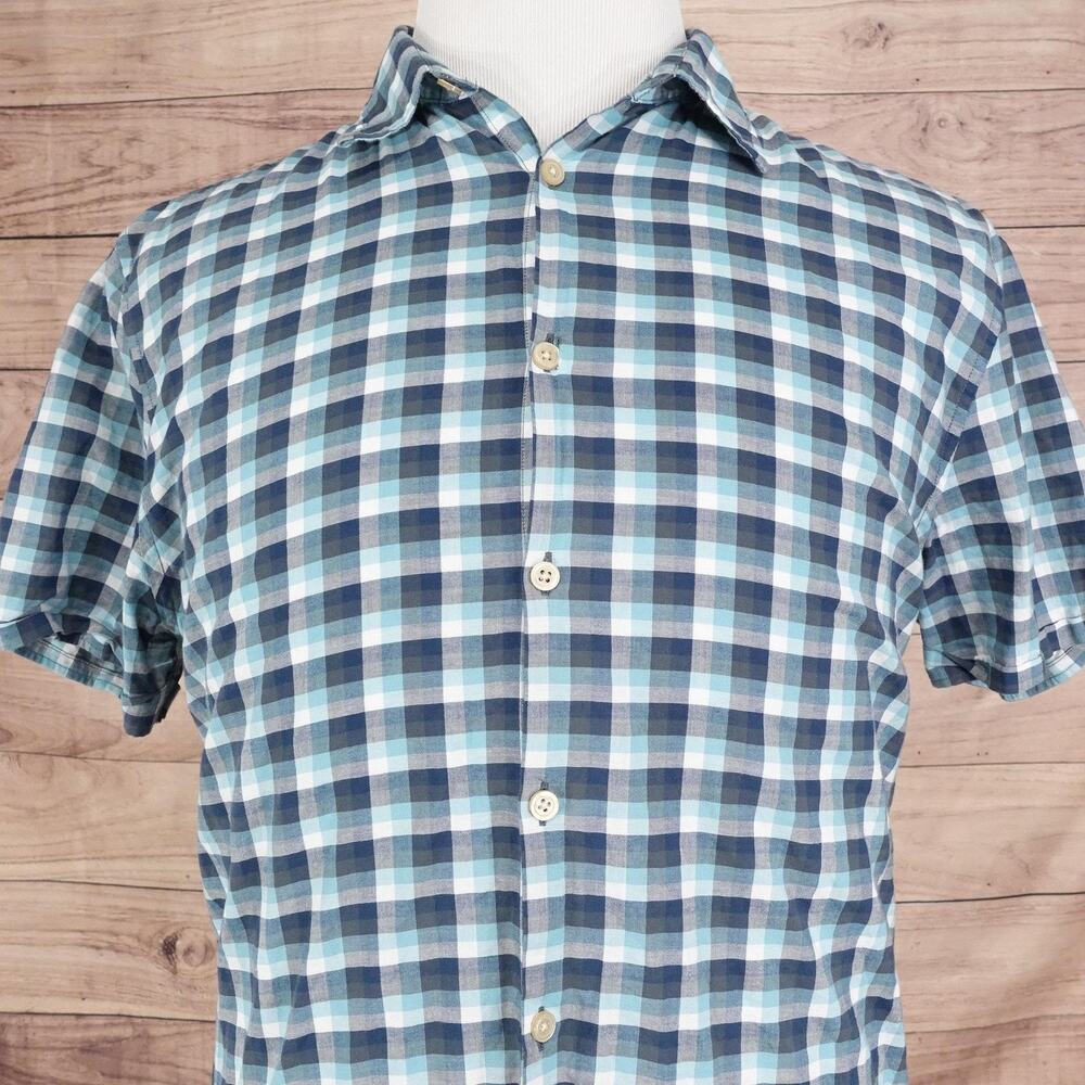 John Varvatos U.S.A. Shirt Mens Large‎ Blue Plaid Short Sleeve Button Up Casual